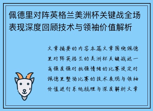 佩德里对阵英格兰美洲杯关键战全场表现深度回顾技术与领袖价值解析